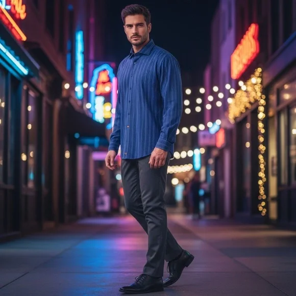 Thomas Dean Men’s Button-Down Shirt L • Navy Multi Stripe • Contrast Cuffs - Picture 4 of 13